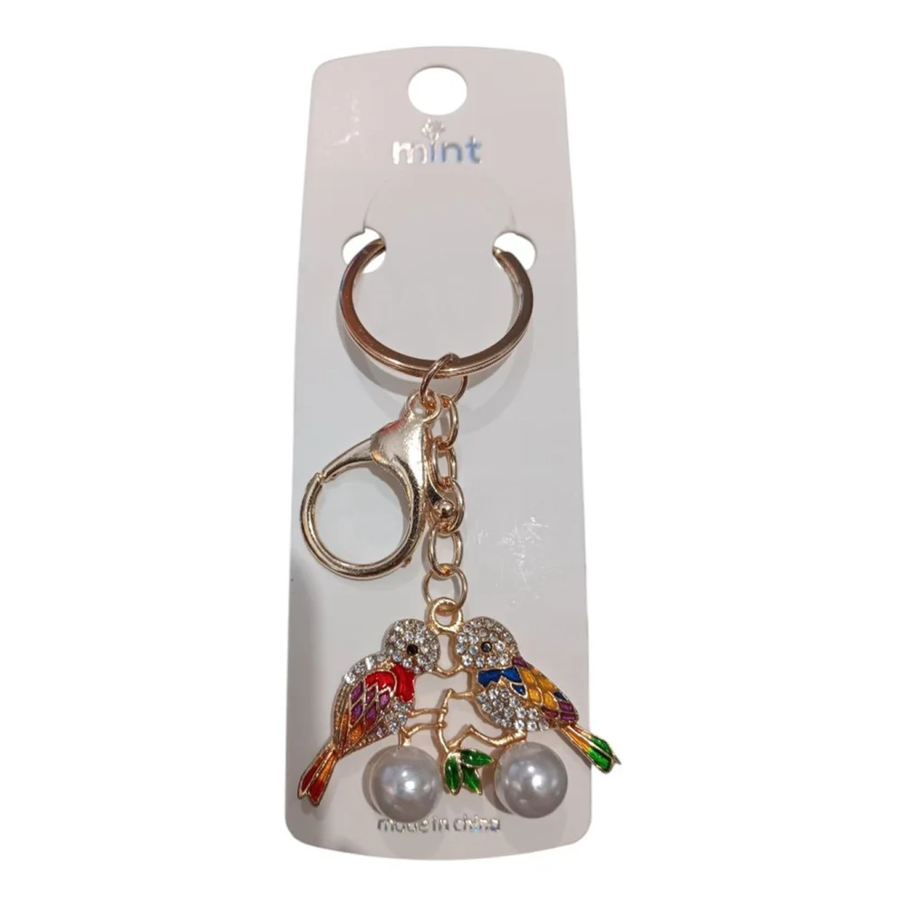 Two Love Birds Sitting in a Tree K-I-S-S-I-N-G! Rhinestone Keychain Purse Charm